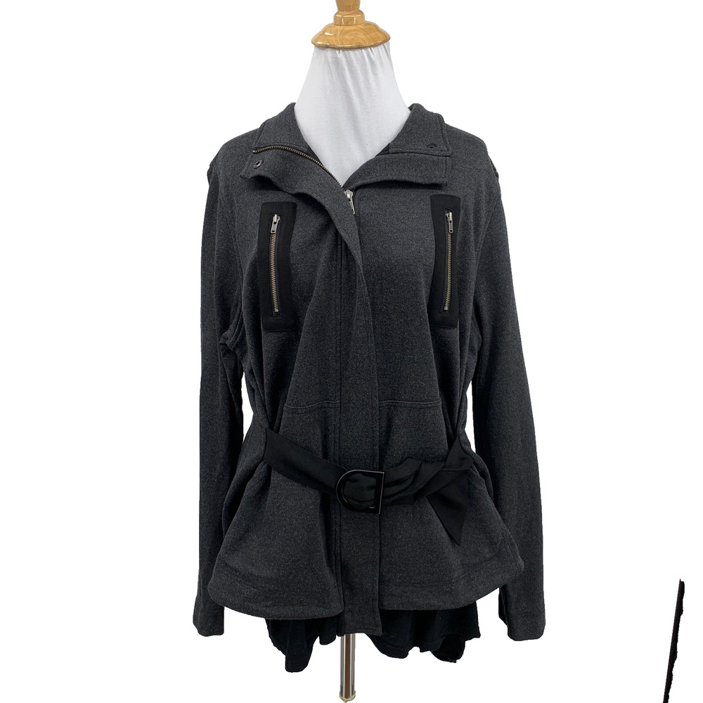 Cabi Jacket Womens M Medium Gray Black Belted Modern Layered Panel Mesh Back